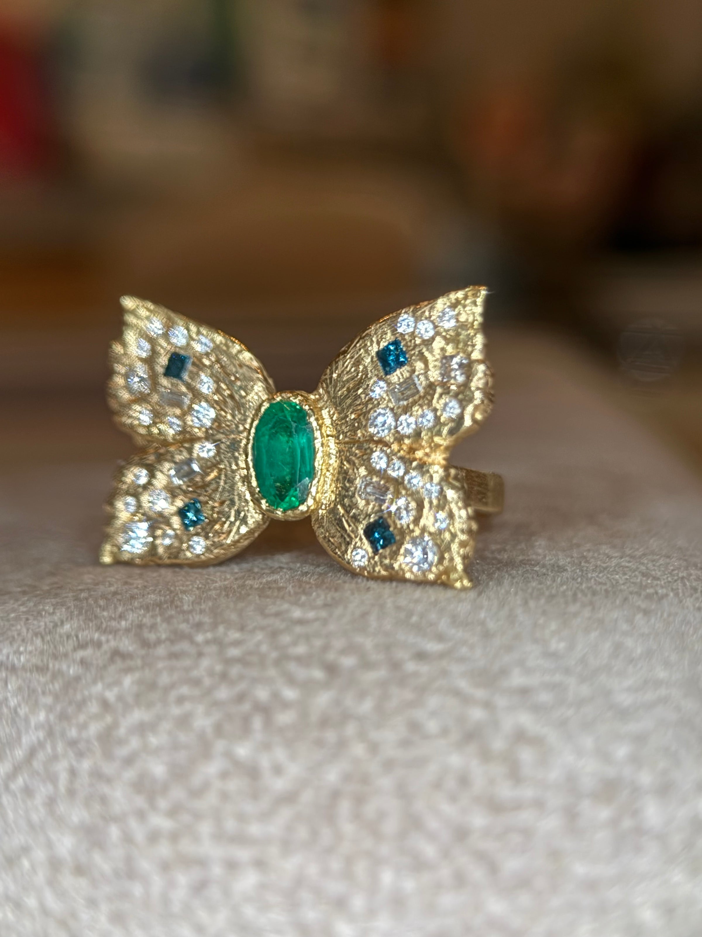 Emerald Queen Butterfly Ring with White and Blue Diamonds 18 Ct Gold - Collected — Bespoke Variations Available