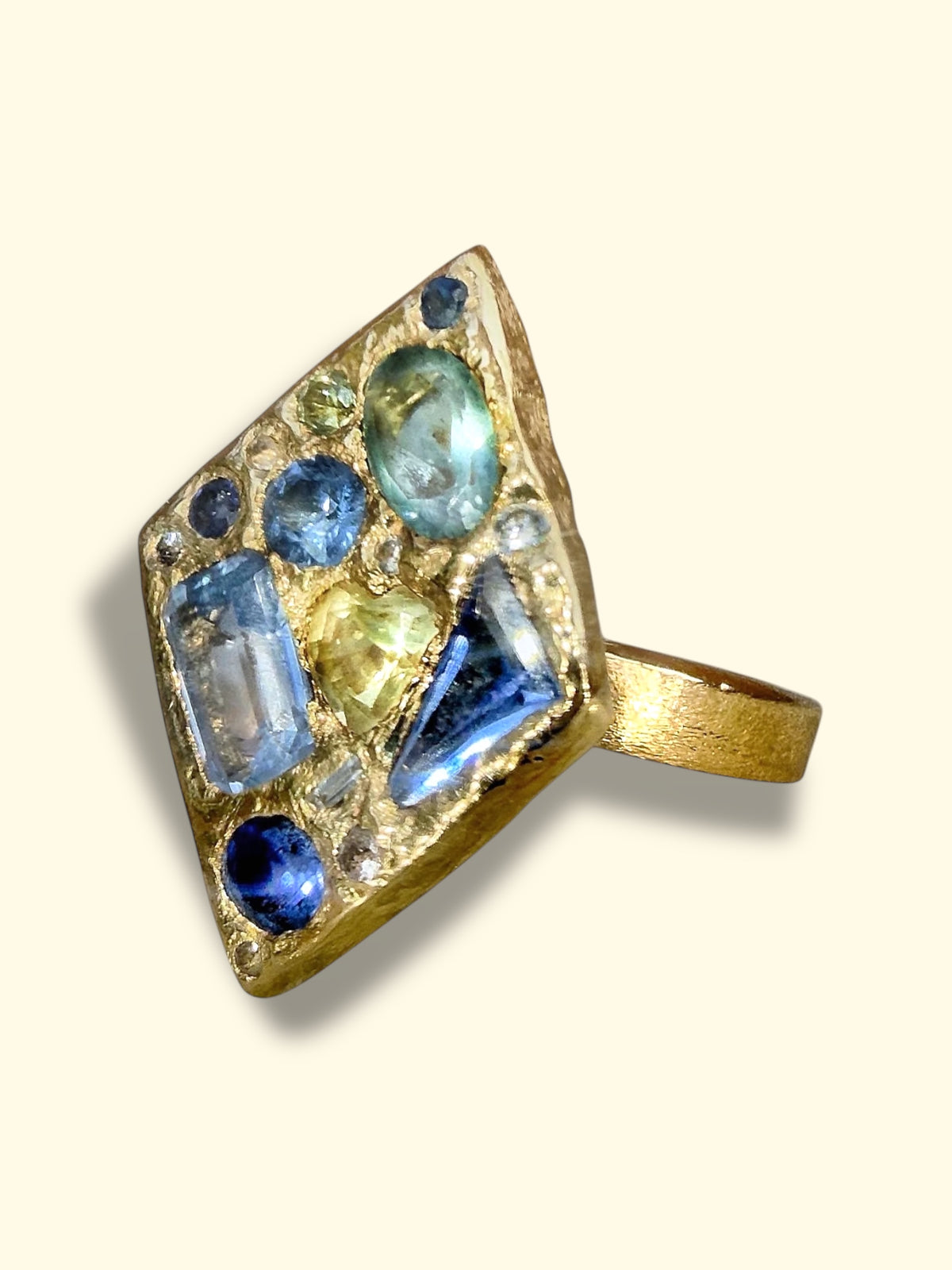 “Ultramarine” Lozenge Abstract Art Cocktail Ring Sapphires Diamonds Aquamarine 18 Ct Gold