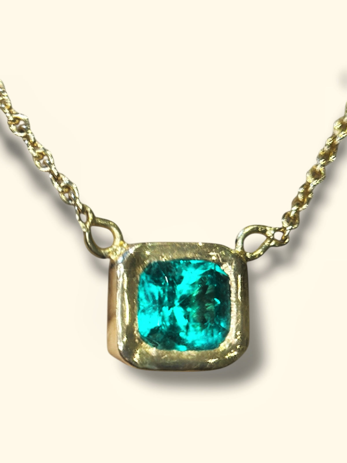 One Of A Kind Stunning Vivacious Green Emerald Bezel Set Necklace Emerald Cut 18 Ct Gold - Collected — Bespoke Variations Available