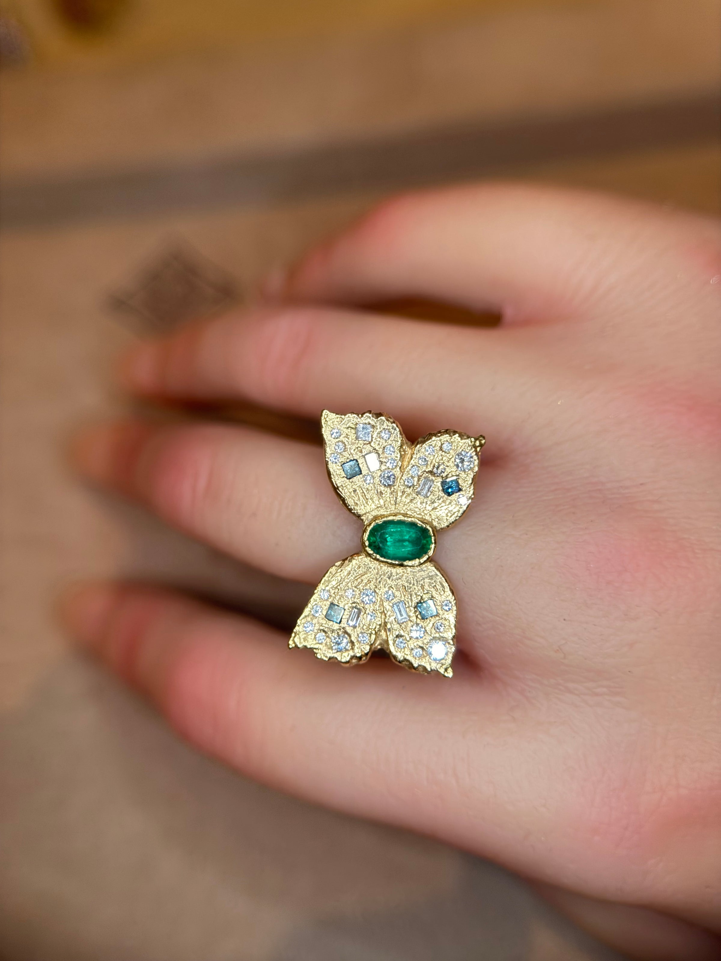 Emerald Queen Butterfly Ring with White and Blue Diamonds 18 Ct Gold - Collected — Bespoke Variations Available