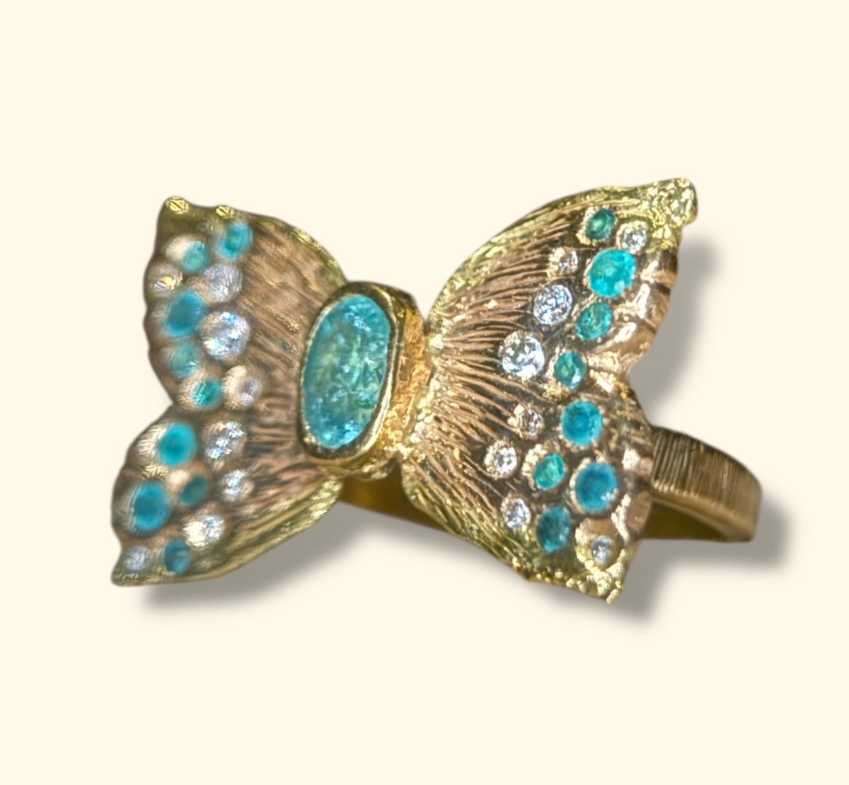 Paraibas Tourmalines and Diamonds “Ocean Butterfly” 18 Ct Gold Ring