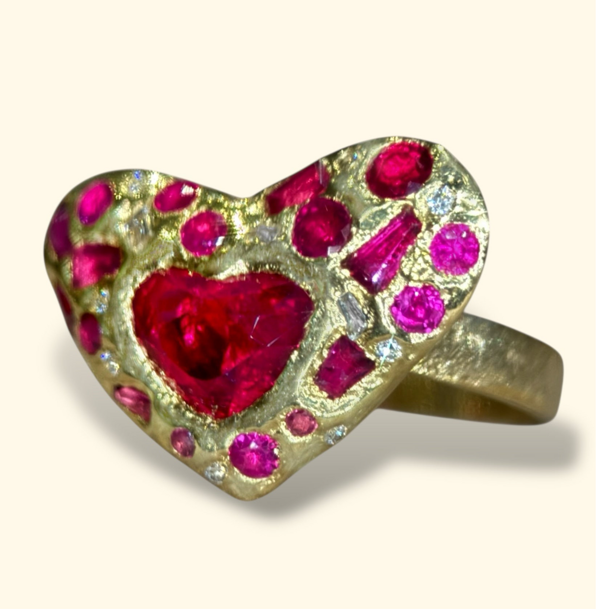 “Love you to Pieces” Ruby Heart, rubies baguettes, rounds and Diamonds 18 Ct Gold Ring