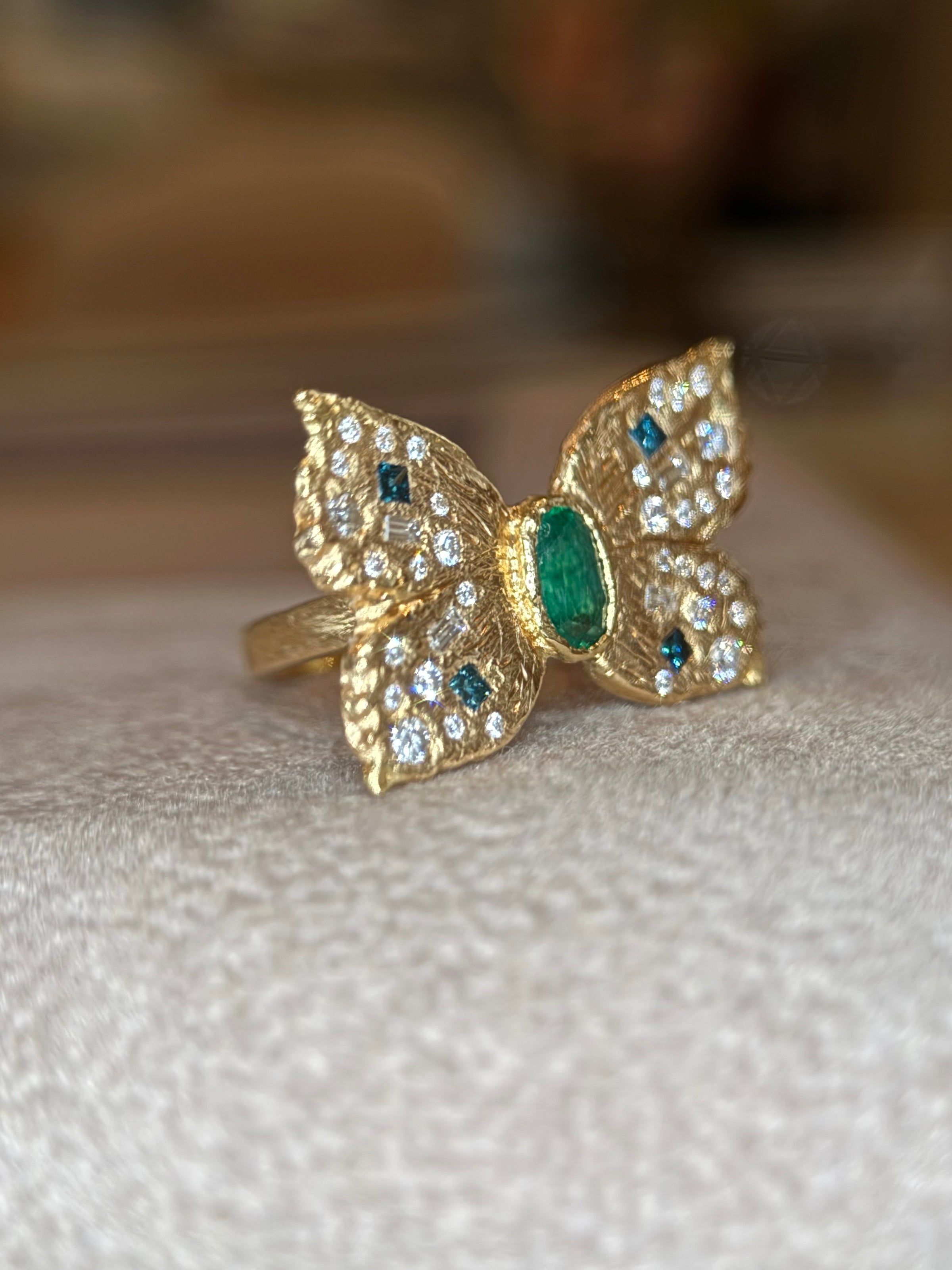 Emerald Queen Butterfly Ring with White and Blue Diamonds 18 Ct Gold - Collected — Bespoke Variations Available