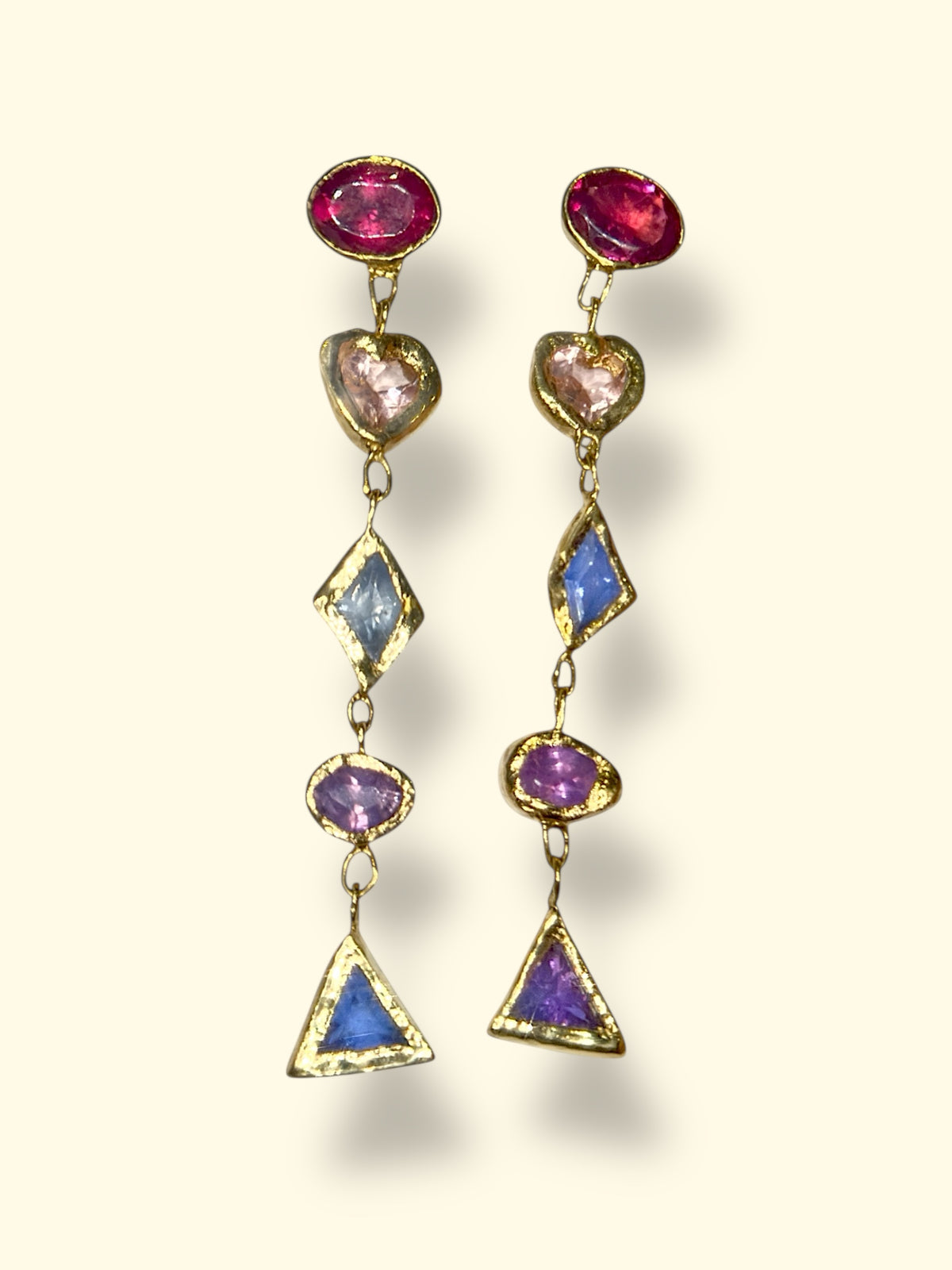 Cubism Mismatched Geometric Sapphires & Tourmaline Earrings 18 Ct Gold