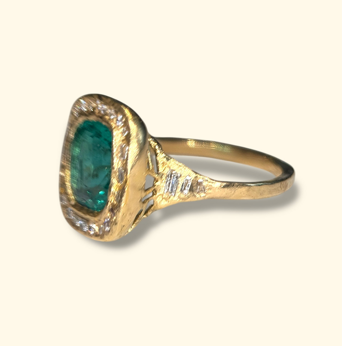 (Exclusive to Tomfoolery London) Cushion Cut 1.58 Cts Emerald IGI certified Diamond Halo rounds and baguettes Ring 18 Ct Gold