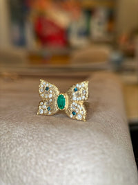 Emerald Queen Butterfly Ring with White and Blue Diamonds 18 Ct Gold - Collected — Bespoke Variations Available