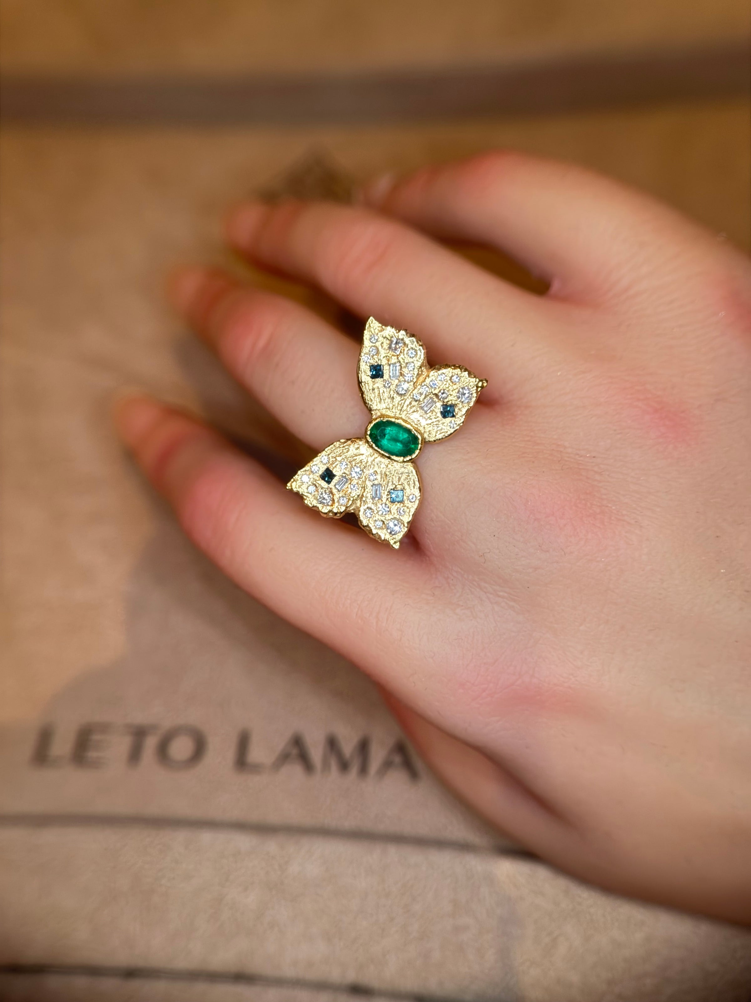 Emerald Queen Butterfly Ring with White and Blue Diamonds 18 Ct Gold - Collected — Bespoke Variations Available