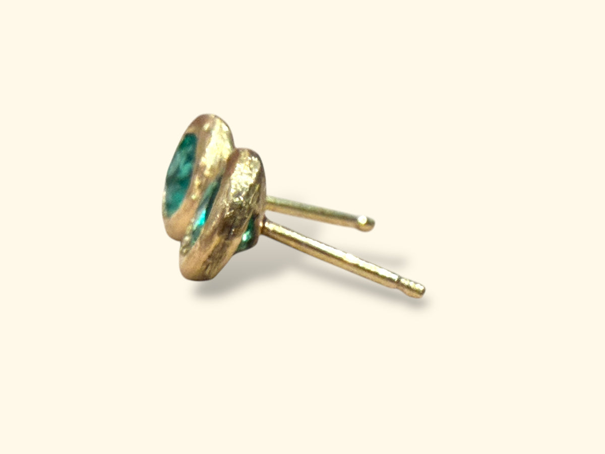 Large Natural Emerald Round Bezel Set Studs, Brushed 18 ct Yellow gold (Pair)