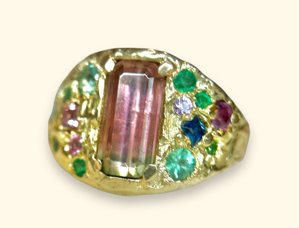 Watermelon Bi color Tourmaline Cocktail Ring with emeralds and sapphires in 14 Ct Gold