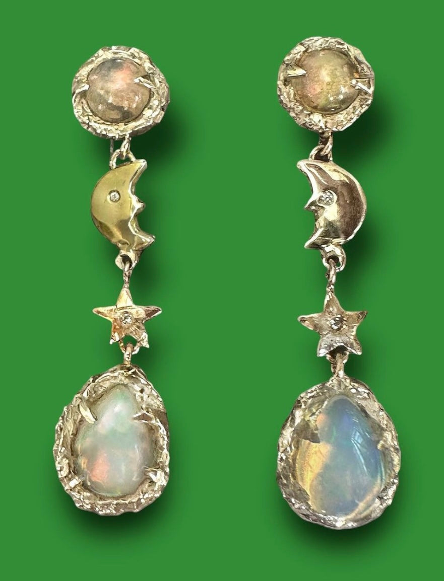 Opal Moon and Star Earrings with Diamonds: Illuminate Your Style with Celestial Magic