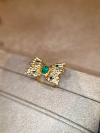 Emerald Butterfly Ring with White and Blue Diamonds 18 Ct Gold