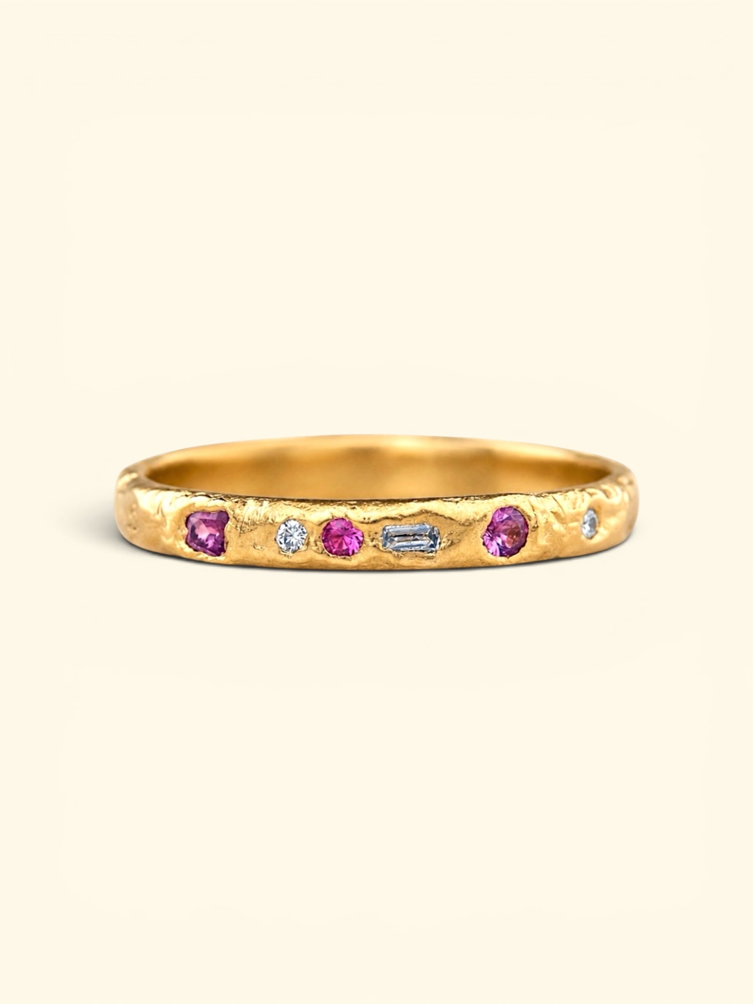 Pink Sapphires and Diamonds all Around Ring Band 18 Ct Yellow Gold
