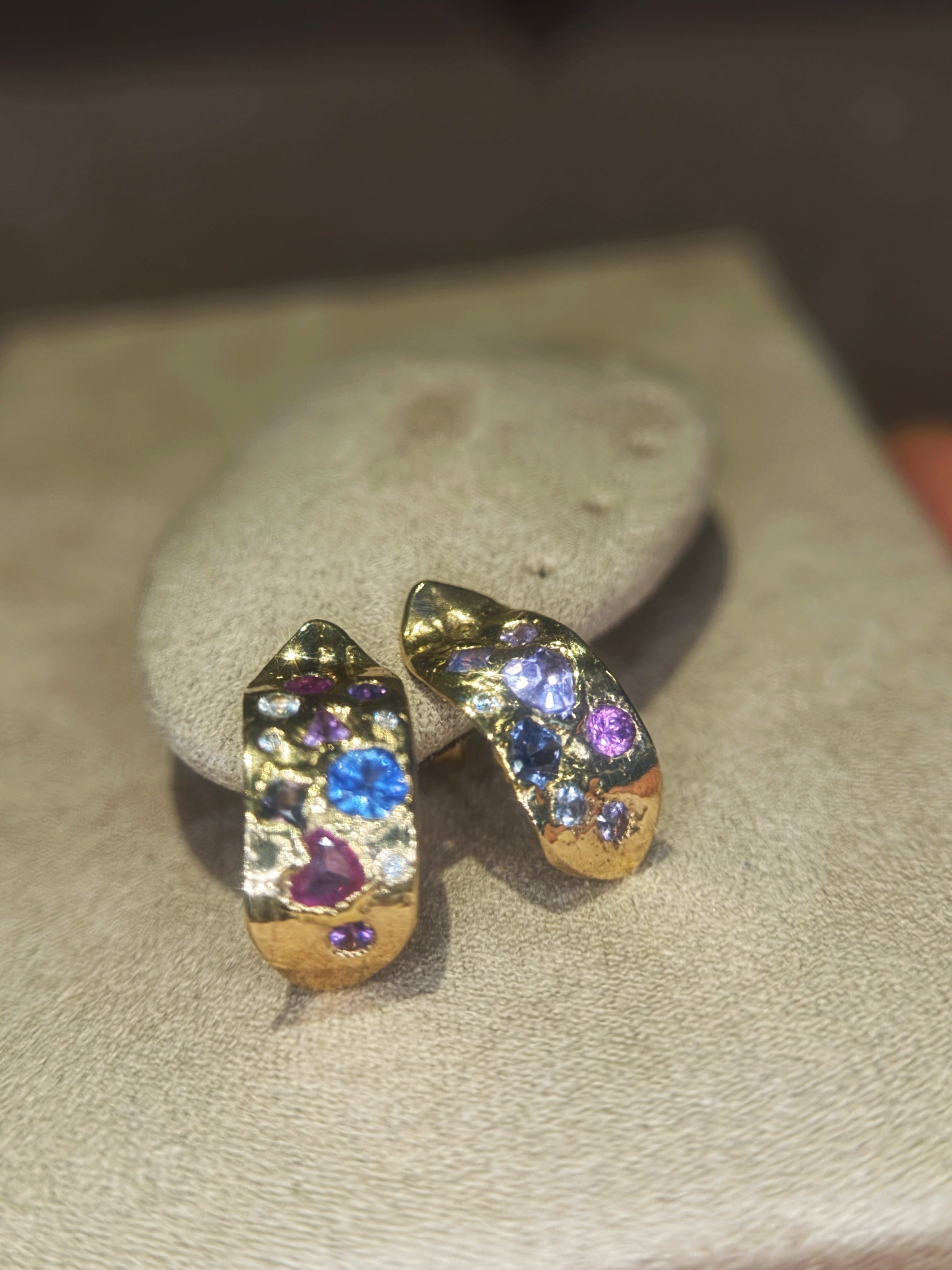 Abstract Art Semi Hoop Earrings with Sapphires in 18 Ct Gold (Available at Tomfoolery London)