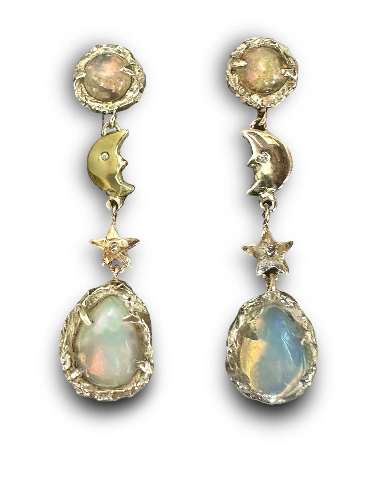Iris Opal Moon Stars Earrings with Diamonds 14K Yellow Gold