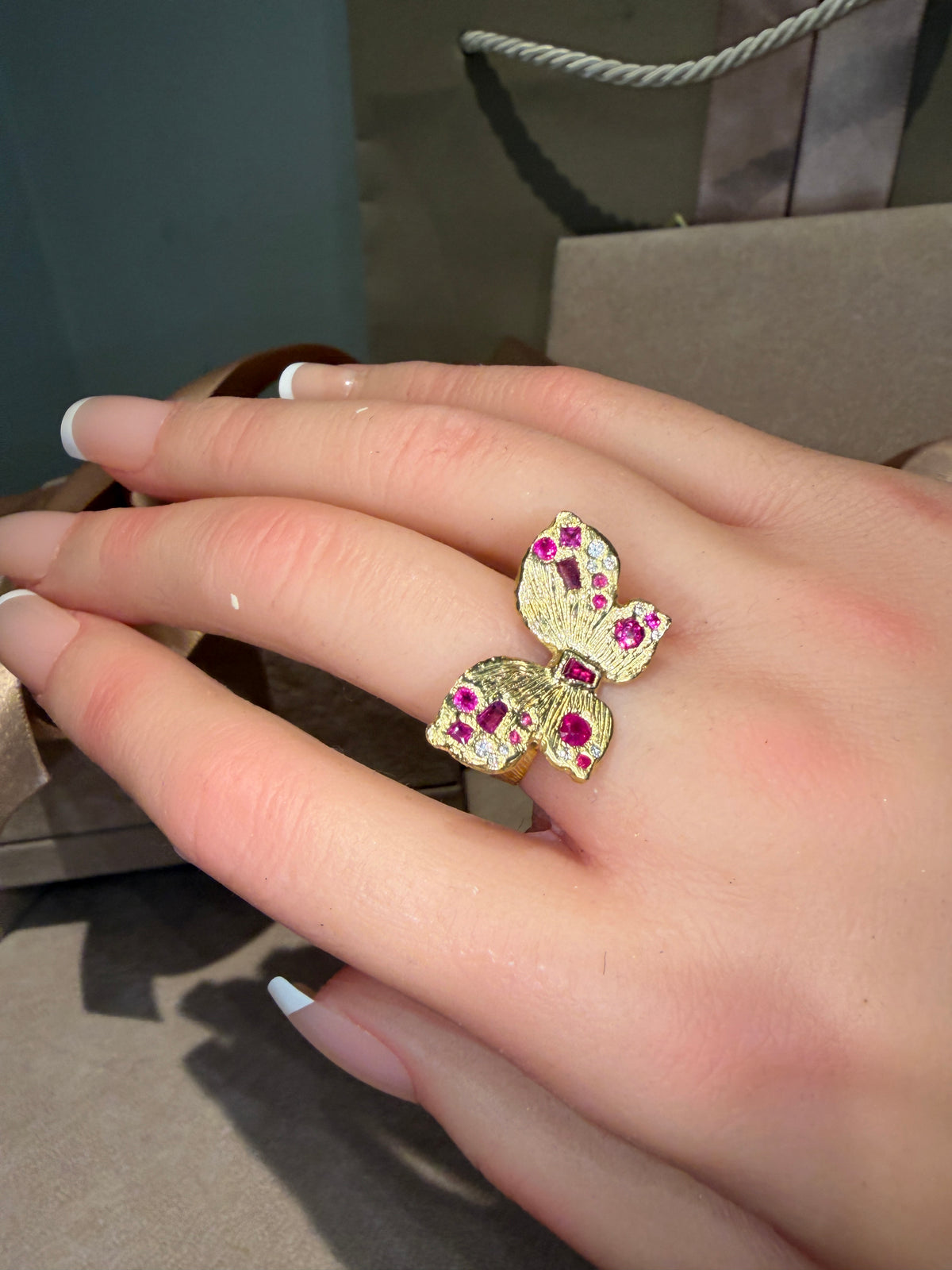 Rubies butterfly ring with Diamonds in 18 Ct Gold (Available At Tomfoolery London)