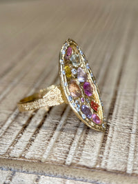 Marquise Cocktail Ring Geometric Abstract Art Sapphires with Diamonds 18 Ct Gold