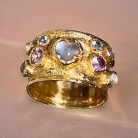 Moonstone Heart Cigar Ring with Sapphires 18 Ct Gold