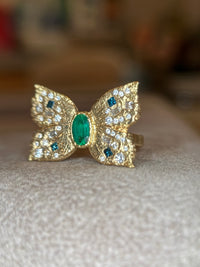 Emerald Butterfly Ring with White and Blue Diamonds 18 Ct Gold