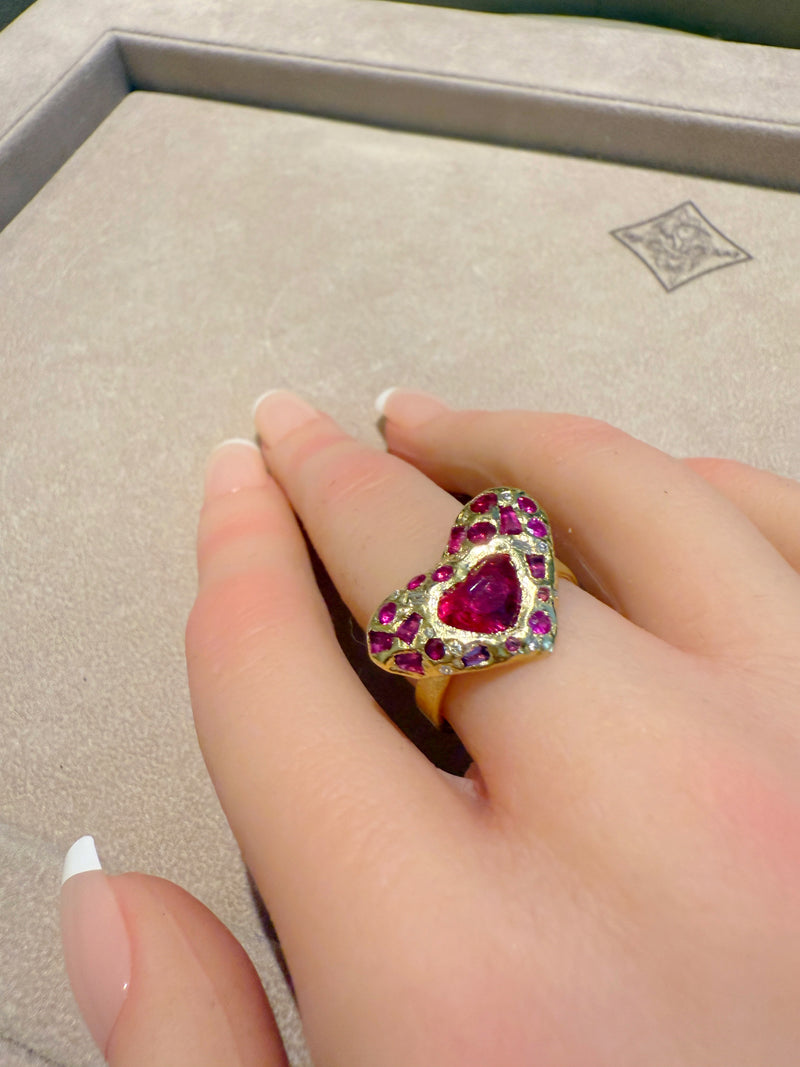 “Love you to Pieces” Ruby Heart, rubies baguettes, rounds and Diamonds 18 Ct Gold Ring