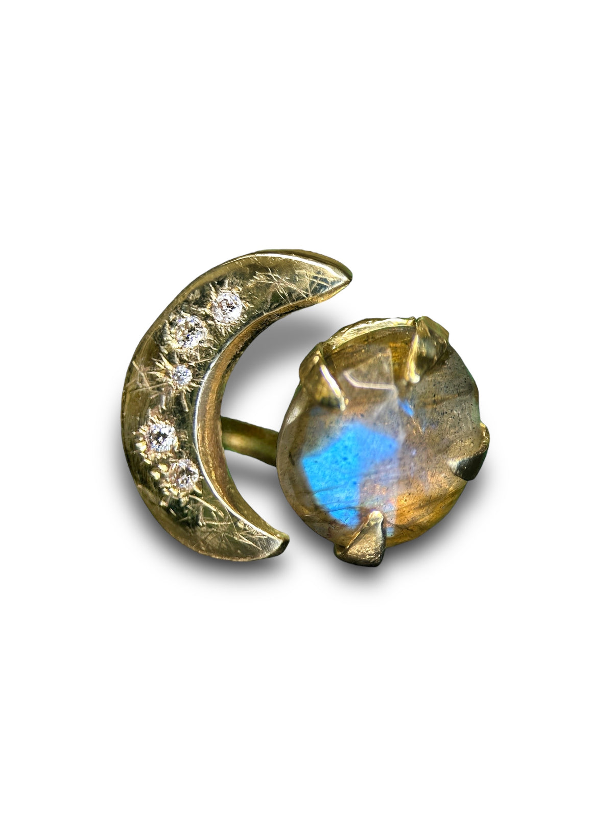 Starry Night Moon Crescent Ring with Diamonds and a Labradorite 14 K Gold