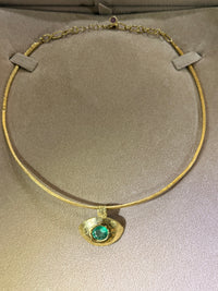 “Esmeralda Eye” Certified 2 Ct Emerald Round Large Evil Eye Wire Torque Collar Necklace 18 Ct Gold