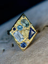 “Ultramarine” Lozenge Abstract Art Cocktail Ring Sapphires Diamonds Aquamarine 18 Ct Gold