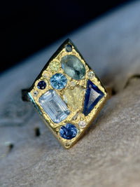 “Ultramarine” Lozenge Abstract Art Cocktail Ring Sapphires Diamonds Aquamarine 18 Ct Gold