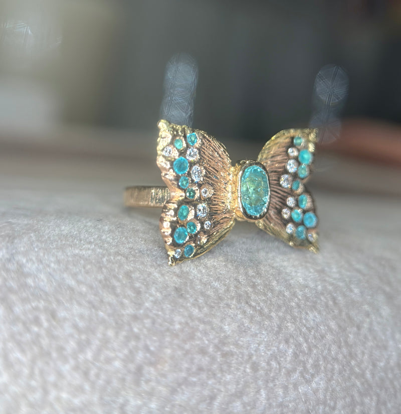 Paraibas Tourmalines and Diamonds “Ocean Butterfly” 18 Ct Gold Ring