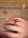 Red Pink Tourmaline Heart Love Ring with Geometric Sapphires and Diamonds 18 Ct Gold Abstract