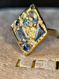 “Ultramarine” Lozenge Abstract Art Cocktail Ring Sapphires Diamonds Aquamarine 18 Ct Gold