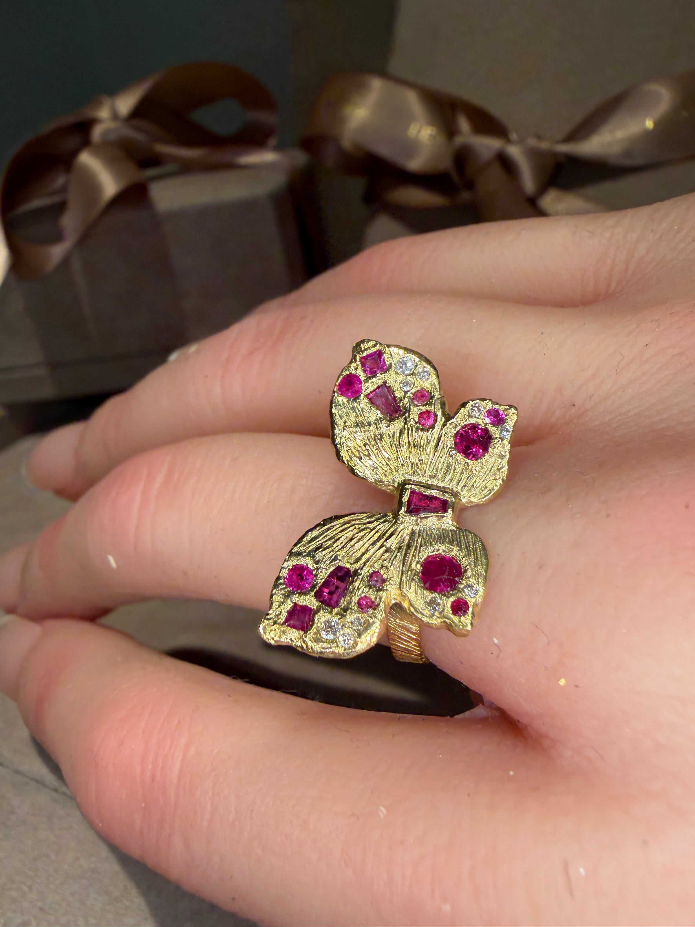 Rubies butterfly ring with Diamonds in 18 Ct Gold (Available At Tomfoolery London)
