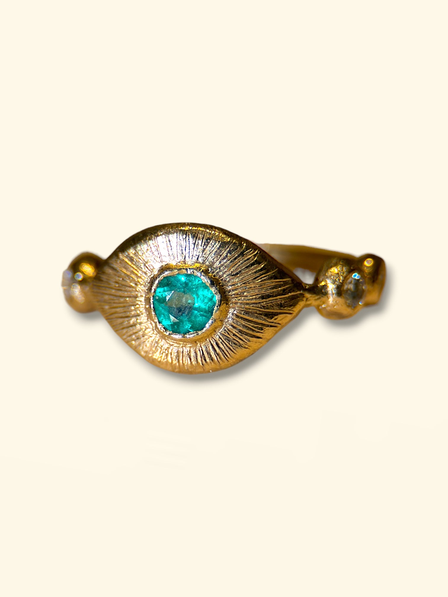 Colombian Emerald Eye Ring with Diamonds 18 Ct Yellow Gold (Available online and also to View in Person at Stardust, London 101 Walton Street)