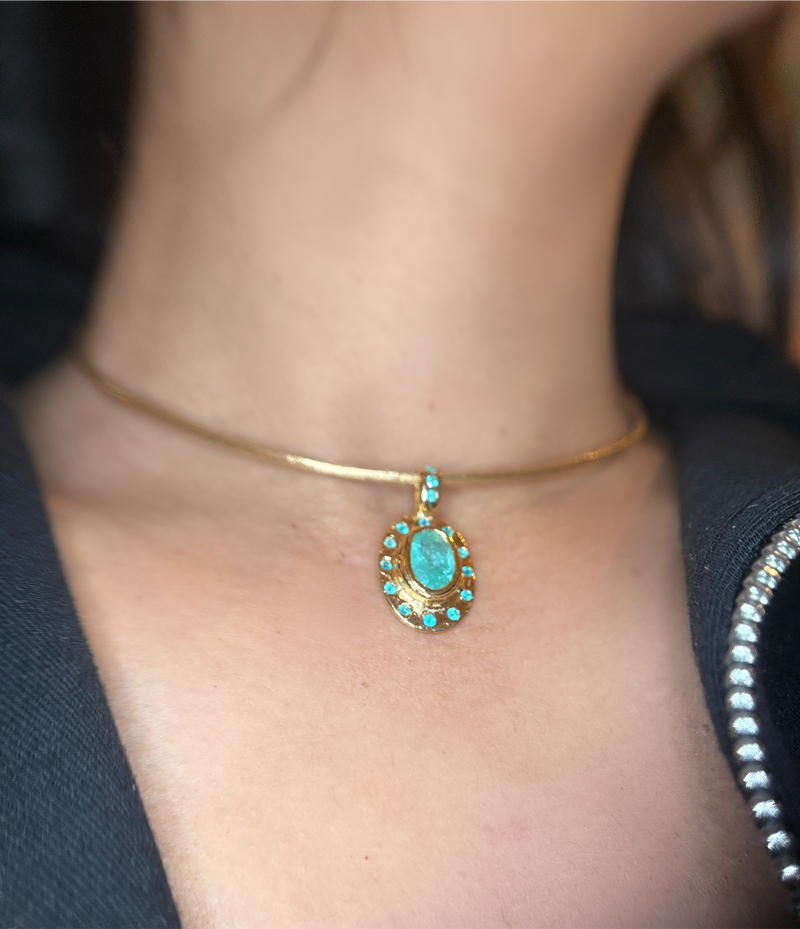 “Azul” Neon Blue Brazilian Paraiba Tourmalines and Mozambique Paraiba Oval Bezel Set Necklace