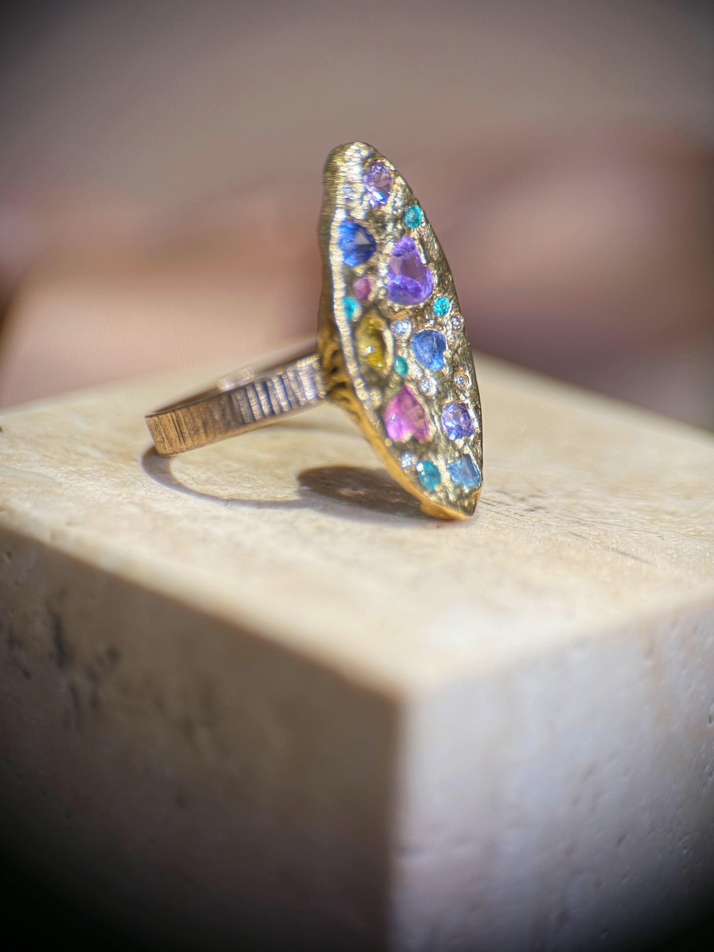 Marquise Pastel Abstract Cocktail of Joy Ring Sapphires, Paraibas, Diamonds 18 Ct Gold