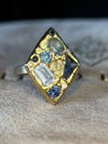 “Ultramarine” Lozenge Abstract Art Cocktail Ring Sapphires Diamonds Aquamarine 18 Ct Gold