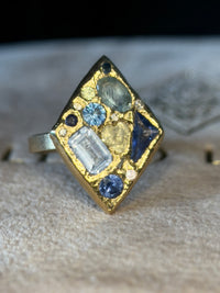“Ultramarine” Lozenge Abstract Art Cocktail Ring Sapphires Diamonds Aquamarine 18 Ct Gold