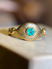 Colombian Emerald Eye Ring with Diamonds 18 Ct Yellow Gold (Available online and also to View in Person at Stardust, London 101 Walton Street)