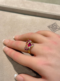 “Love you to Pieces” Ruby Heart, rubies baguettes, rounds and Diamonds 18 Ct Gold Ring