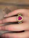 Red Pink Tourmaline Heart Love Ring with Geometric Sapphires and Diamonds 18 Ct Gold Abstract