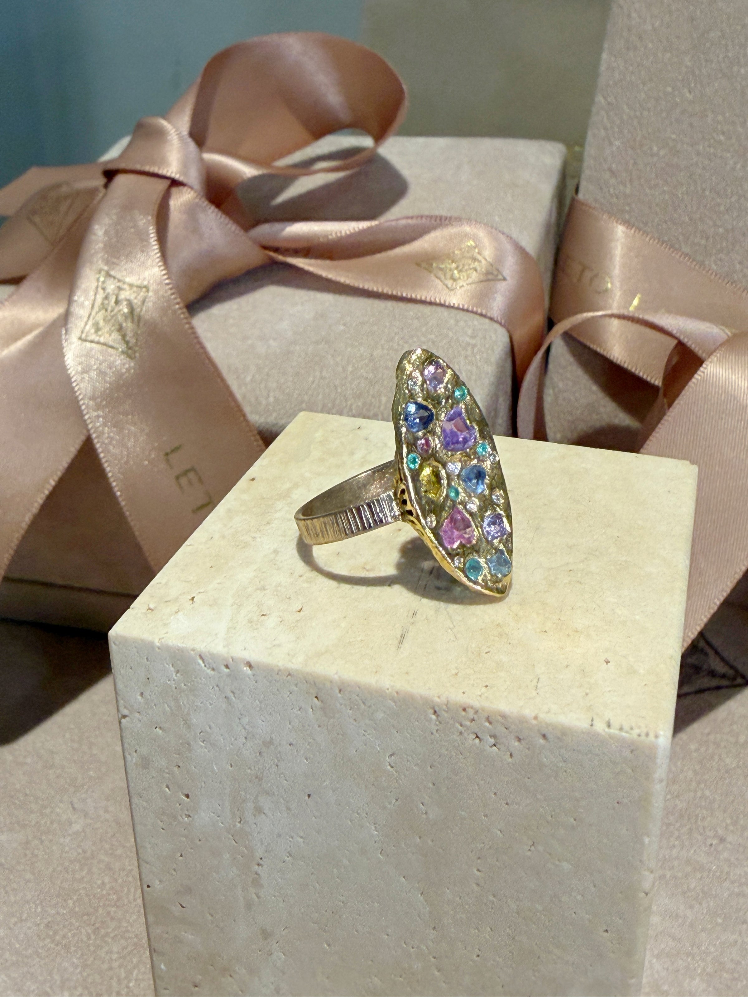 Marquise Pastel Abstract Cocktail of Joy Ring Sapphires, Paraibas, Diamonds 18 Ct Gold