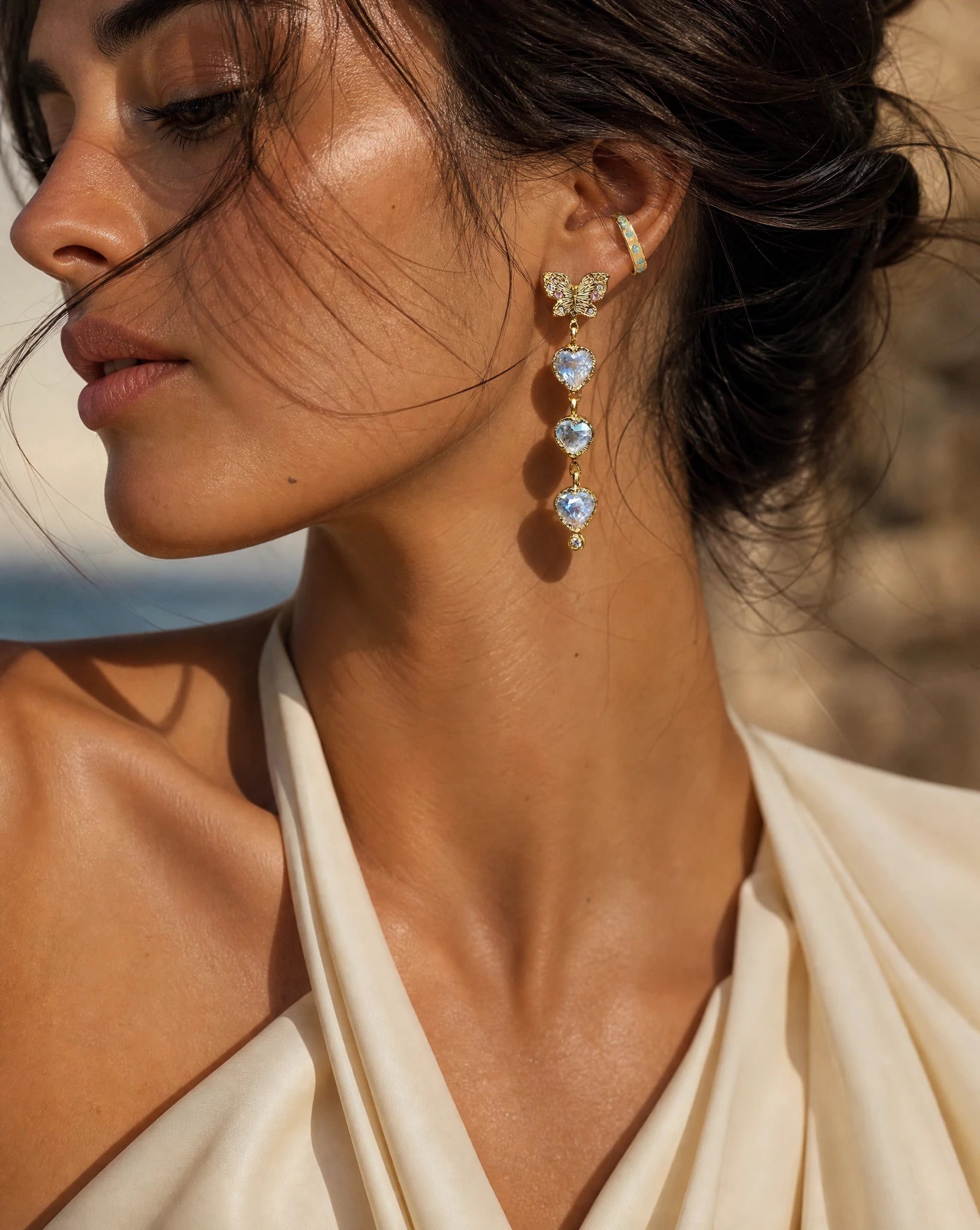 Butterfly Moonstone Heart Drop Earrings with Pastel Sapphires in 18 Ct Gold