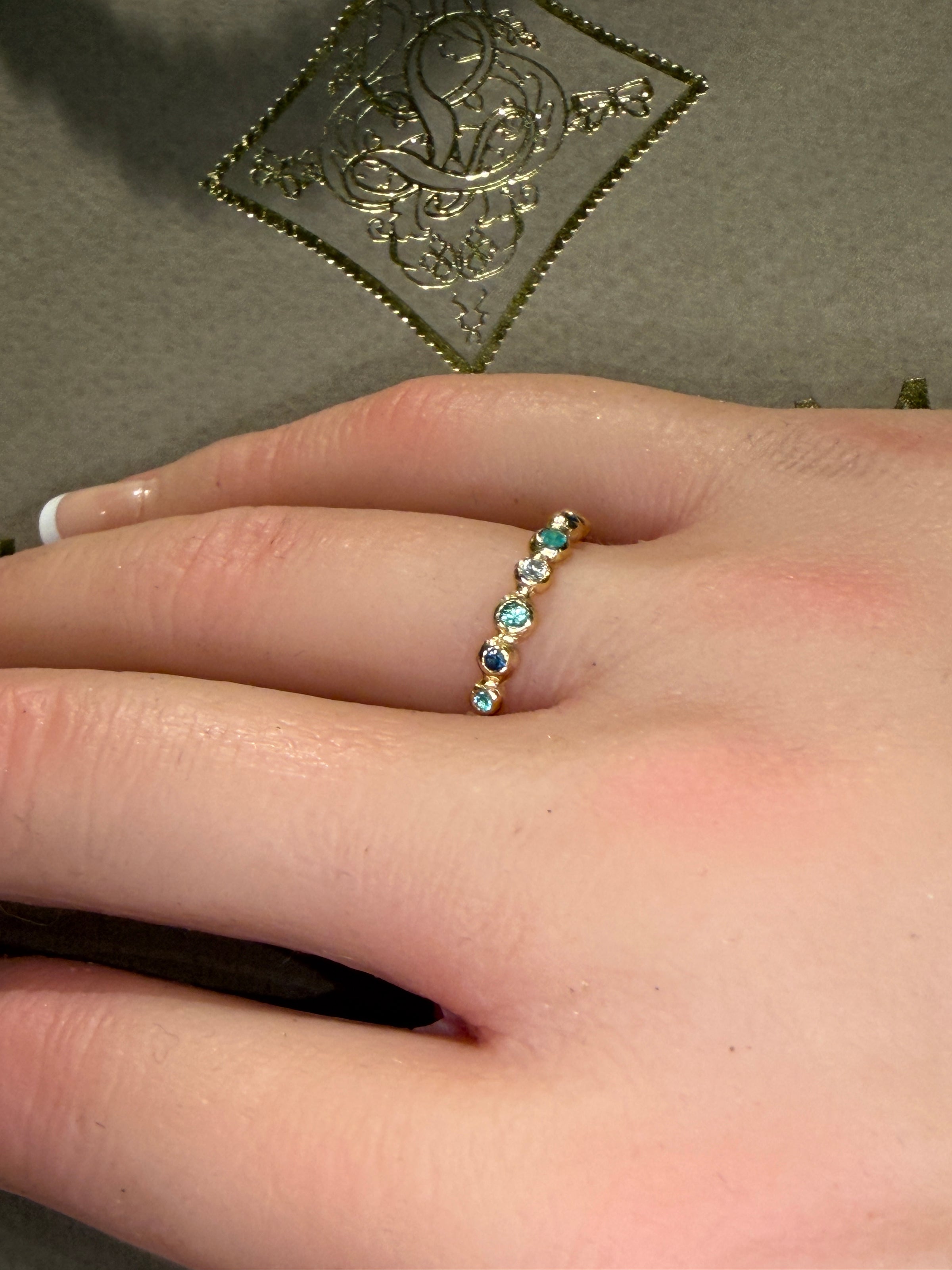 Ocean Bubbles Ring Band Sapphires Paraibas Emerald and Diamonds in 18 Ct Gold