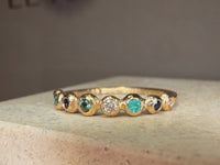 Ocean Bubbles Ring Band Sapphires Paraibas Emerald and Diamonds in 18 Ct Gold