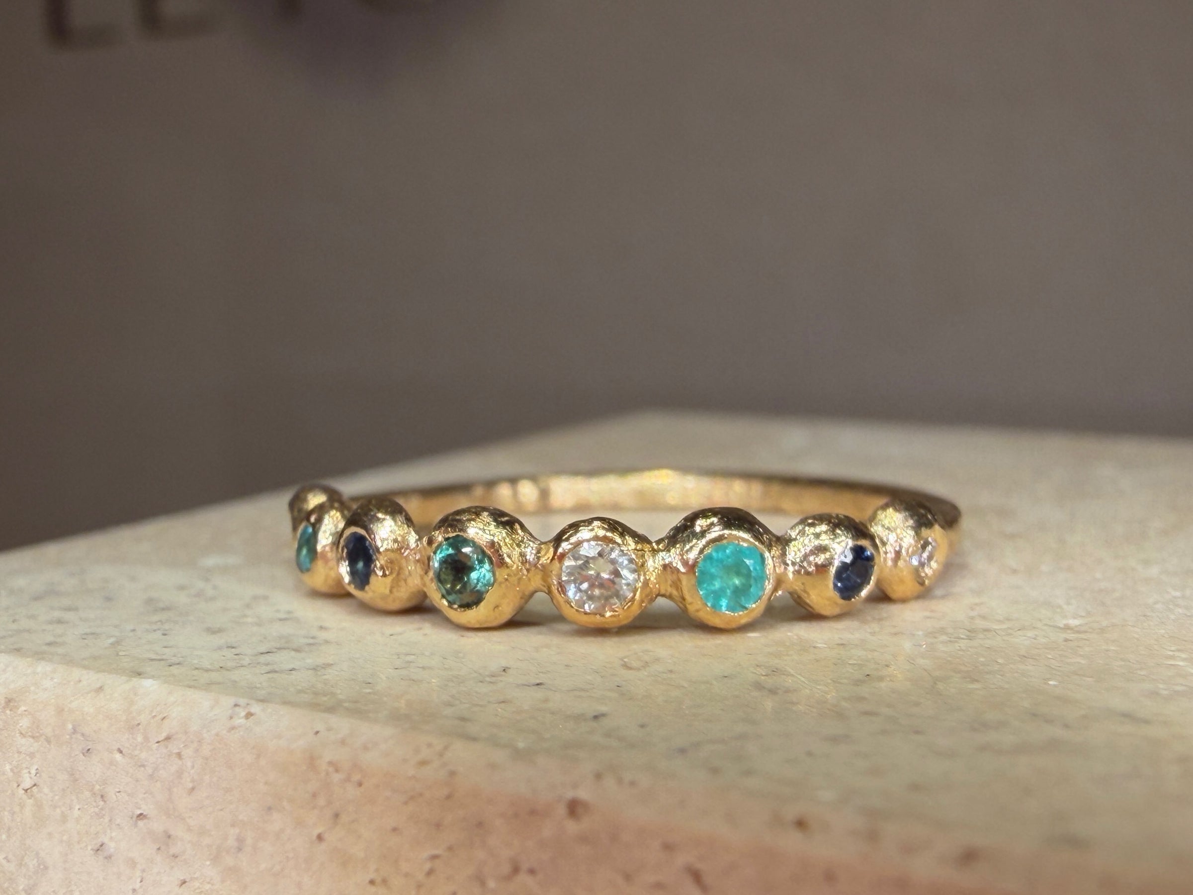 Ocean Bubbles Ring Band Sapphires Paraibas Emerald and Diamonds in 18 Ct Gold