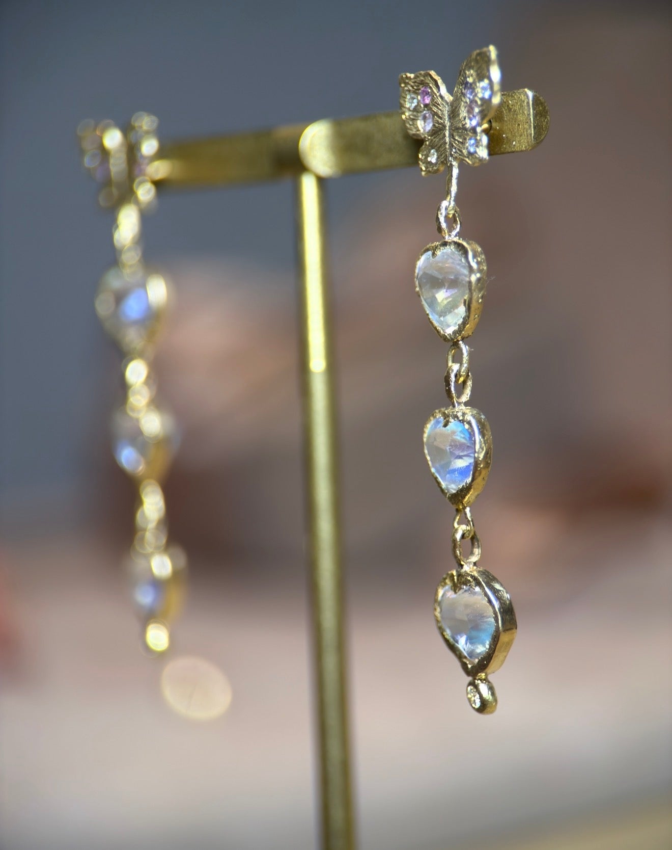 Butterfly Moonstone Heart Drop Earrings with Pastel Sapphires in 18 Ct Gold