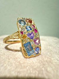 “Kaleidoscope” Rectangular Abstract Art 18Ct Gold Cocktail Ring with Sapphires and Diamonds