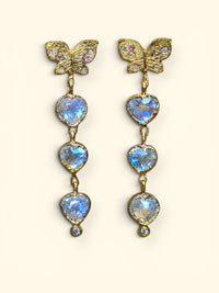 Butterfly Moonstone Heart Drop Earrings with Pastel Sapphires in 18 Ct Gold