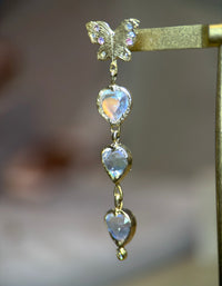 Butterfly Moonstone Heart Drop Earrings with Pastel Sapphires in 18 Ct Gold