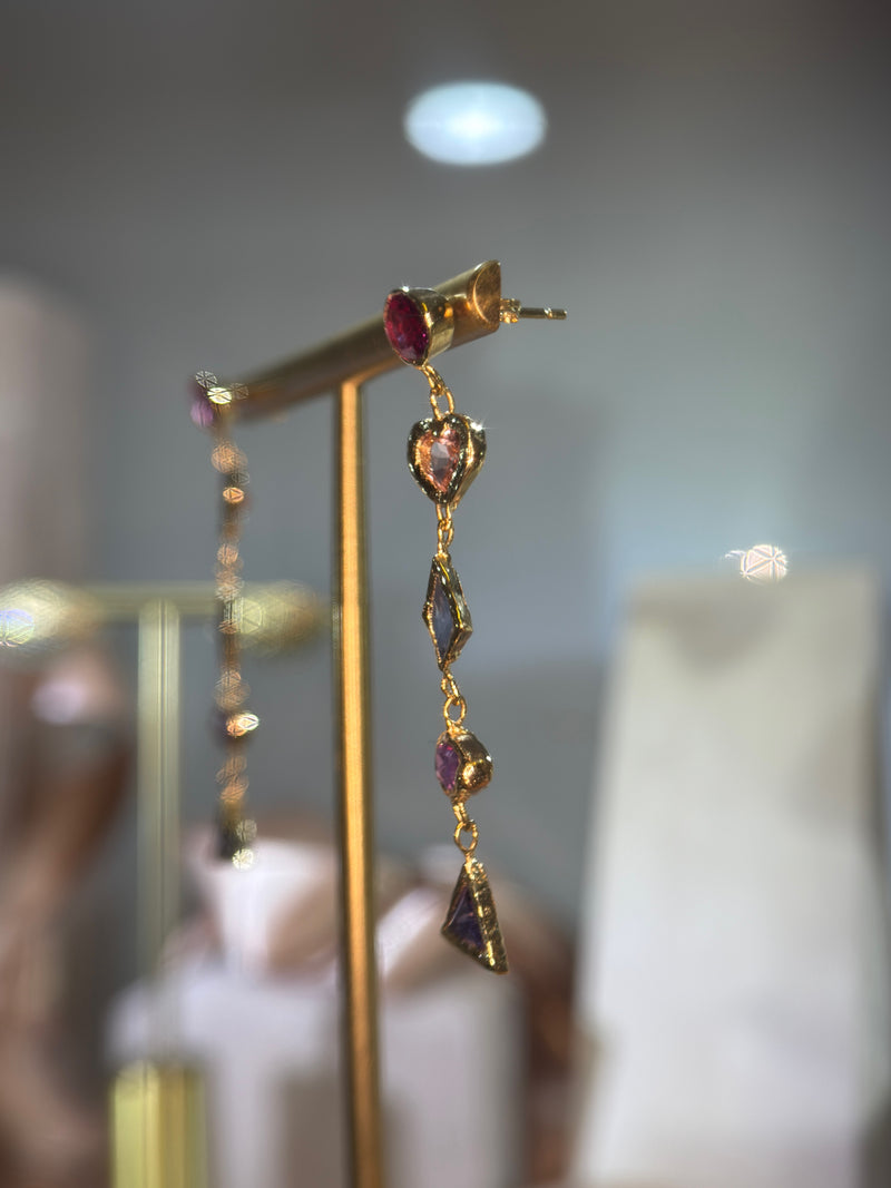 Cubism Mismatched Geometric Sapphires & Tourmaline Earrings 18 Ct Gold
