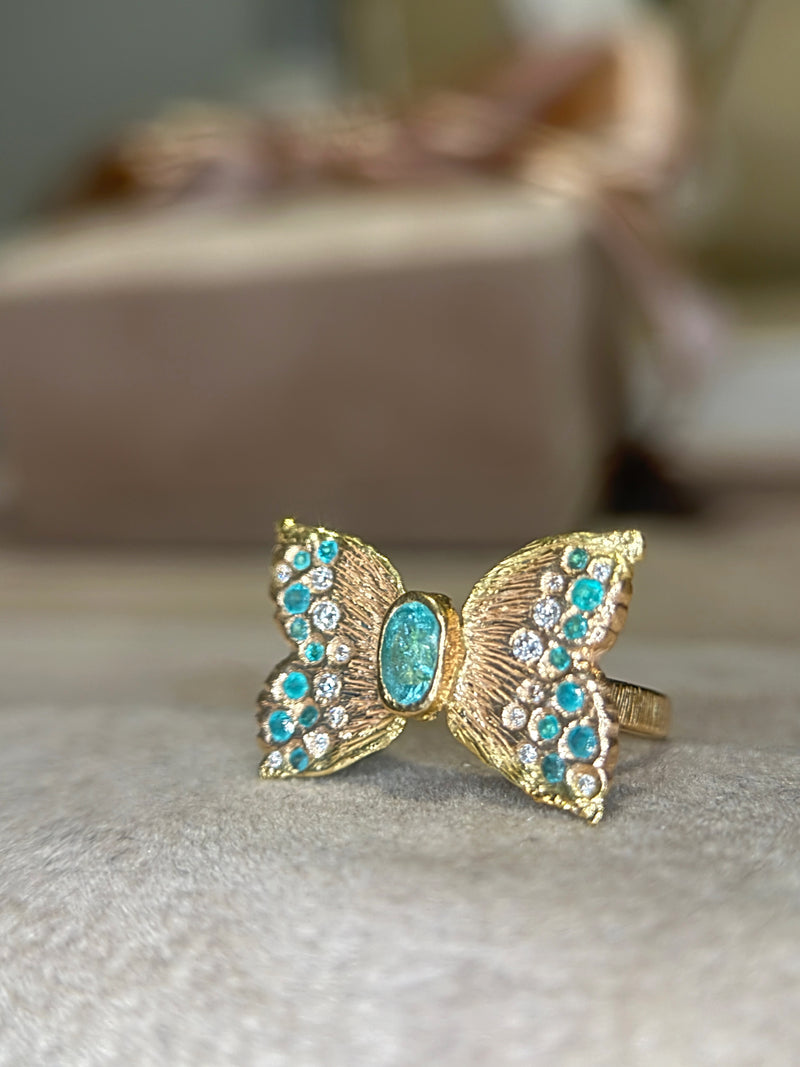Paraibas Tourmalines and Diamonds “Ocean Butterfly” 18 Ct Gold Ring